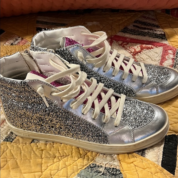 P448 Shoes - Silver and Pink Glitter High-Top Sneakers